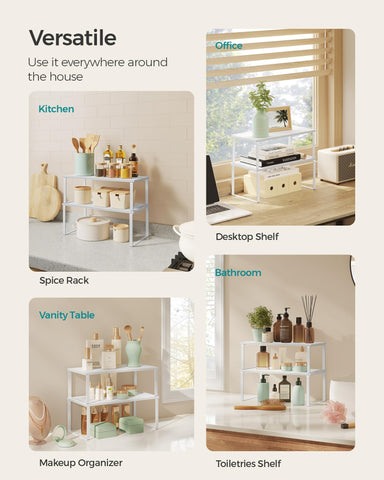 SONGMICS kitchen counter shelves organize spice jars and cans.