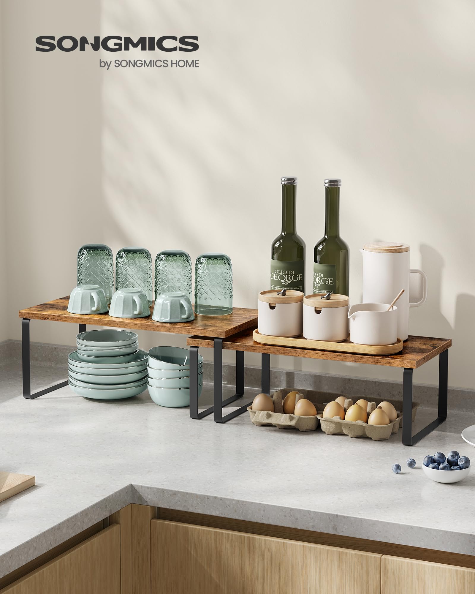 Songmics kitchen shelves featuring engineered wood tops and sturdy frame