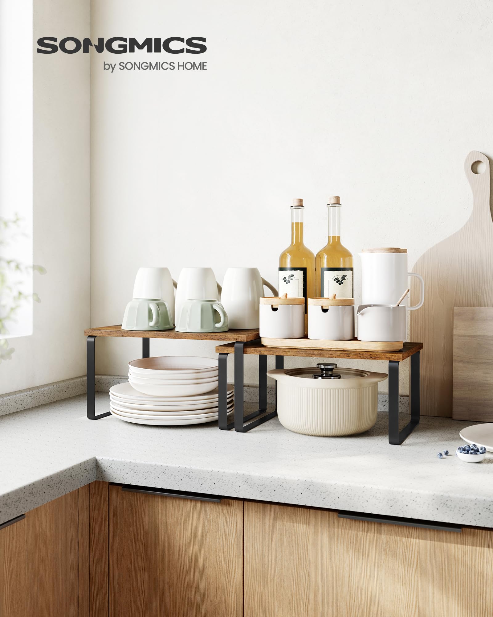 SONGMICS kitchen spice rack stackable design saves counter space and keeps labels visible.
