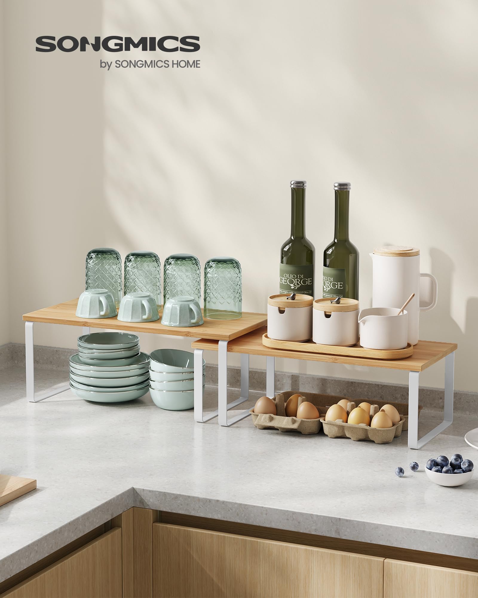 SONGMICS kitchen spice rack stackable design saves countertop space and enhances organization.
