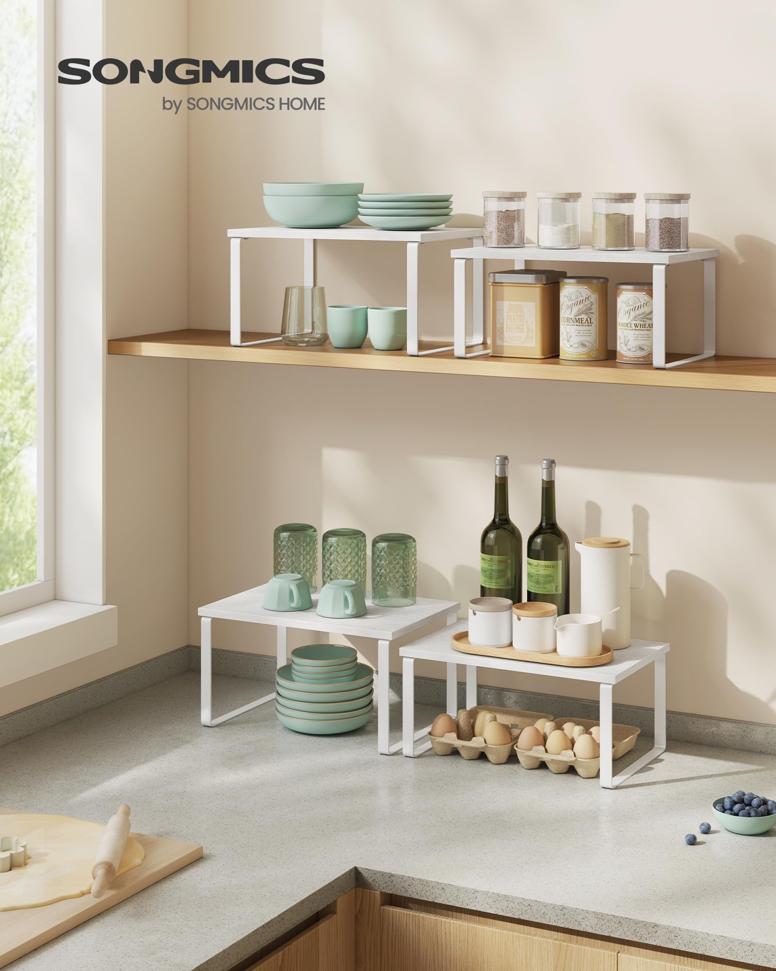 SONGMICS kitchen storage shelves stackable side angle enables versatile space saving.