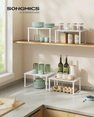 SONGMICS kitchen storage shelves stackable side angle enables versatile space saving.