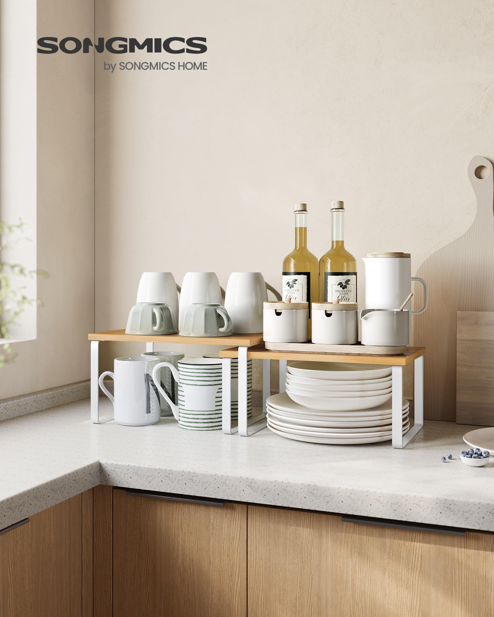 SONGMICS kitchen storage spice rack assembly view highlights sturdy metal and wood construction.