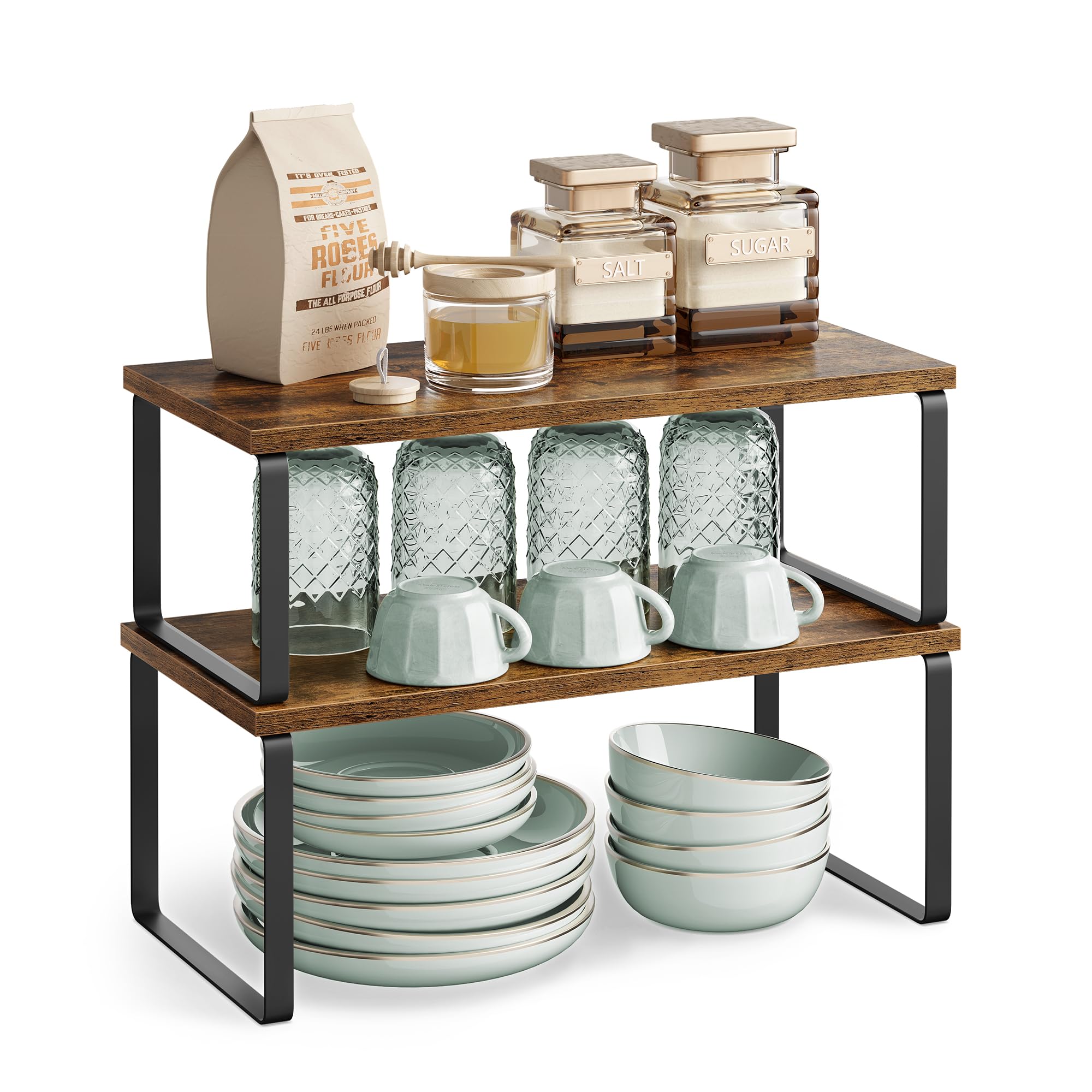 SONGMICS multiuse shelf display for pantry and desk storage efficiency.