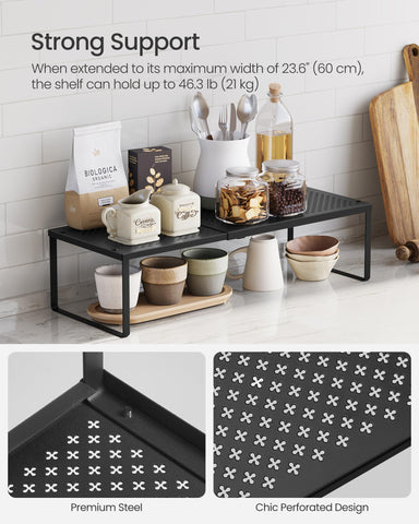SONGMICS perforated design shelves highlight stylish matte black finish for countertop storage
