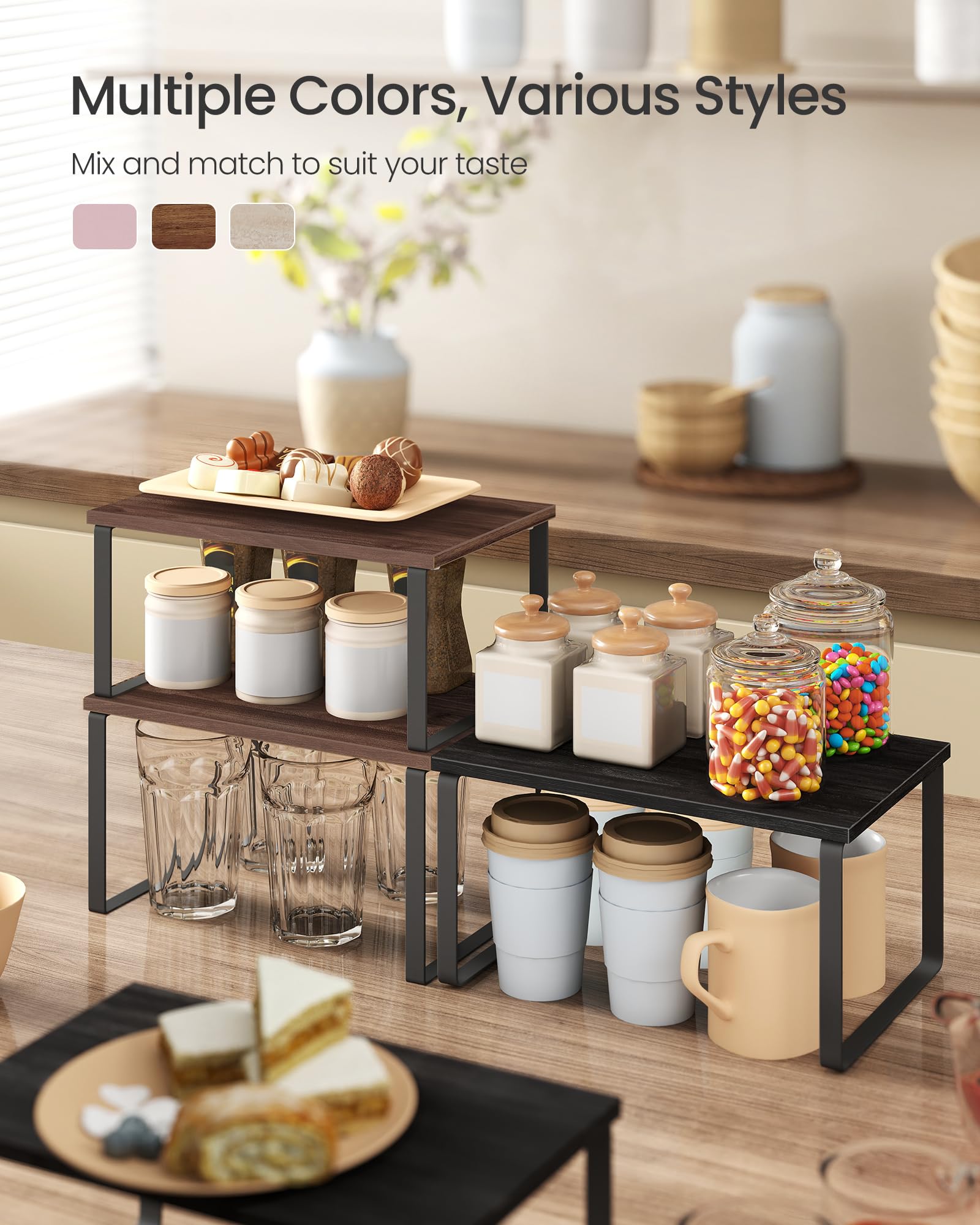 SONGMICS spice rack for kitchen storage with wood-metal build keeps jars neatly accessible