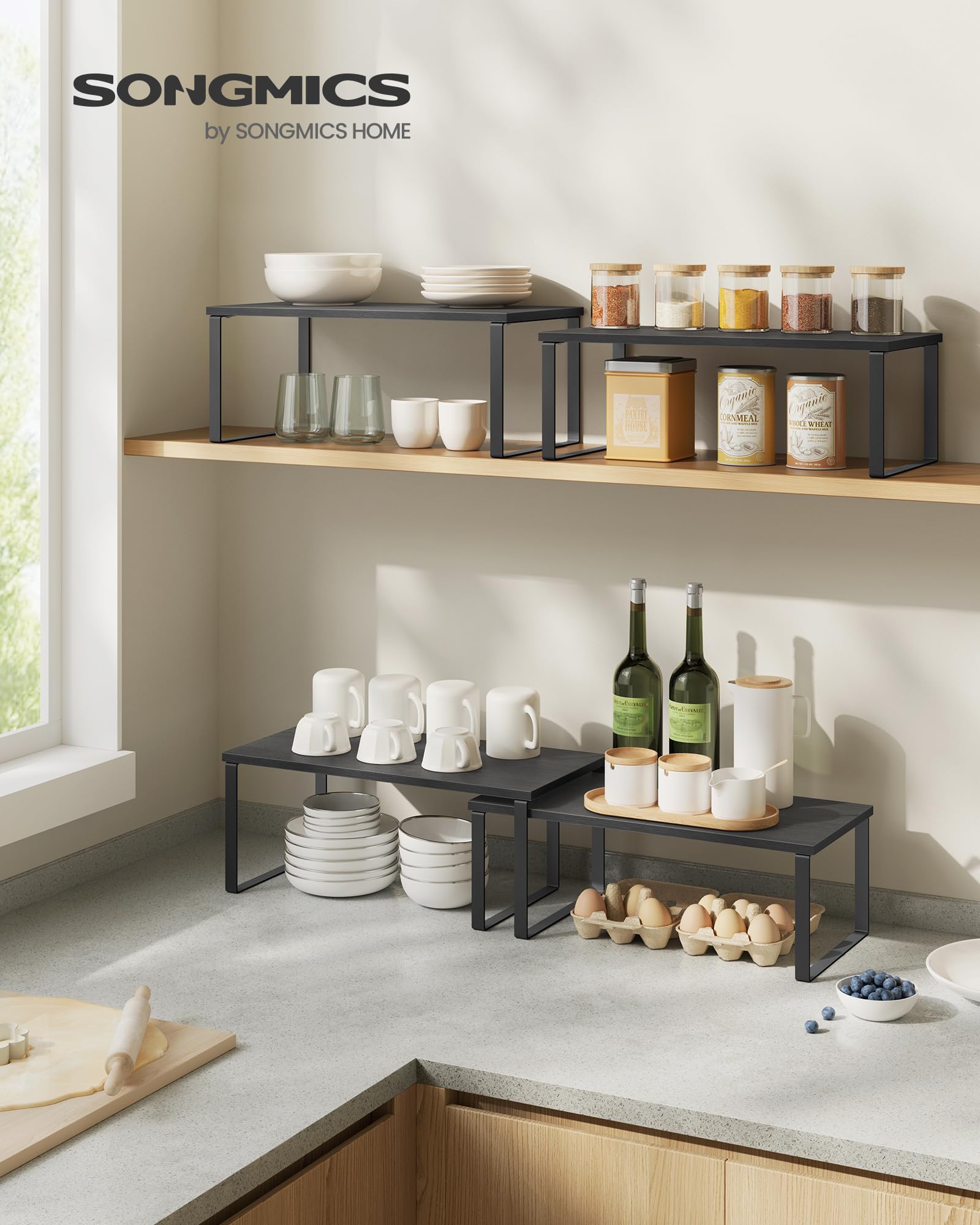 SongMICS spice rack side angle view highlights easy access to jars.