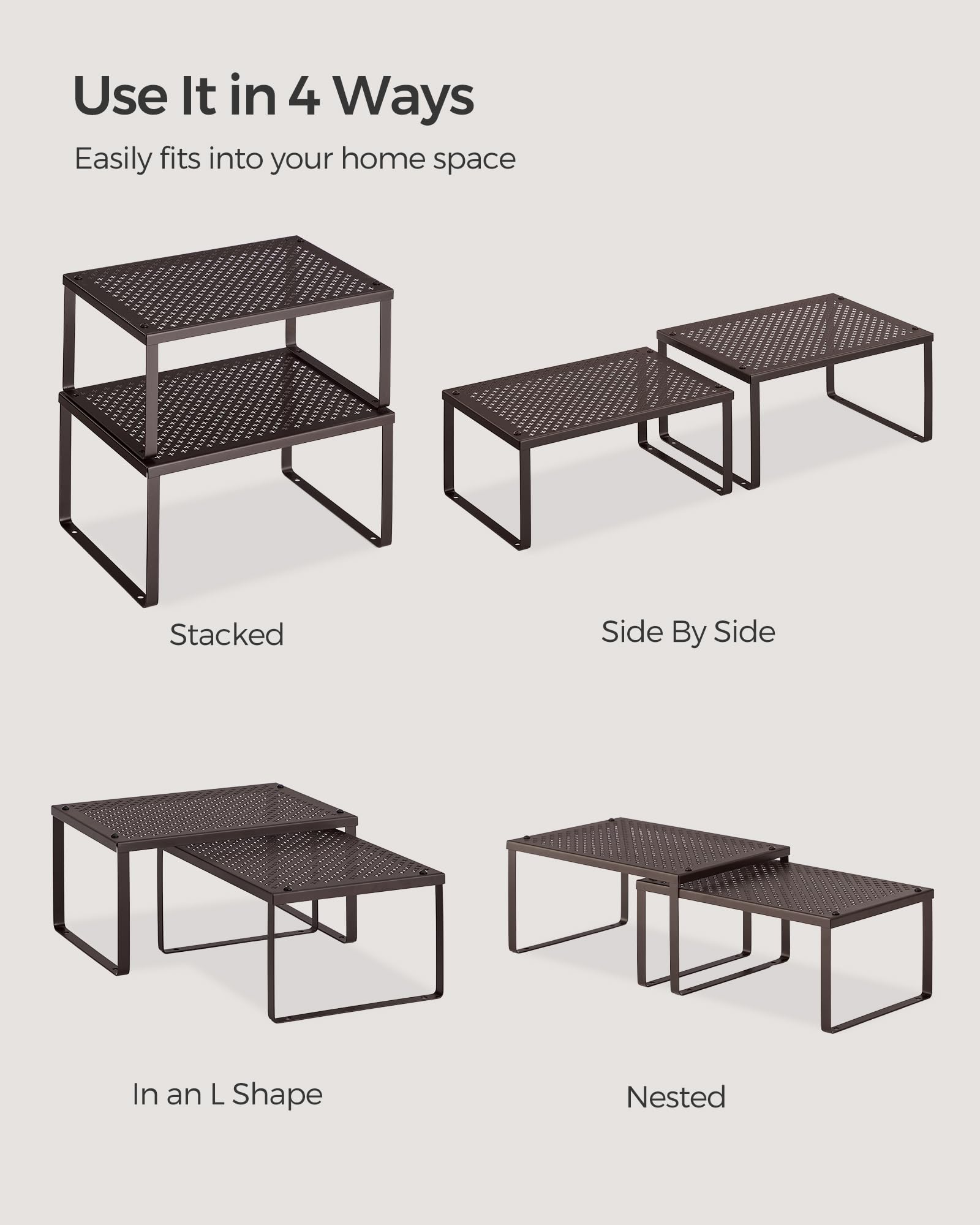 SONGMICS Spice Racks dimensions show large and small shelves for versatile storage.