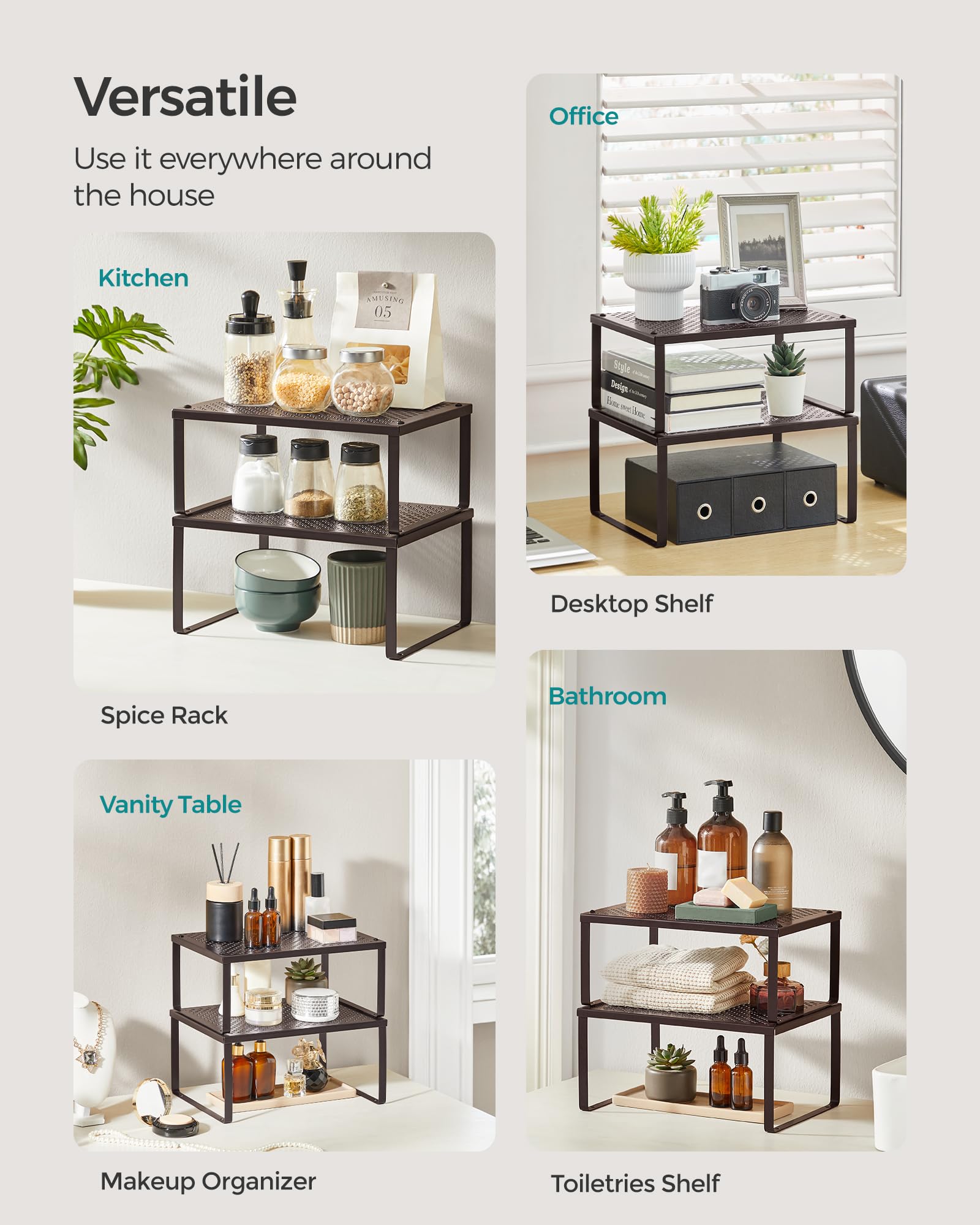 SONGMICS Spice Racks heavy-duty shelves supporting up to 22 lb per shelf.