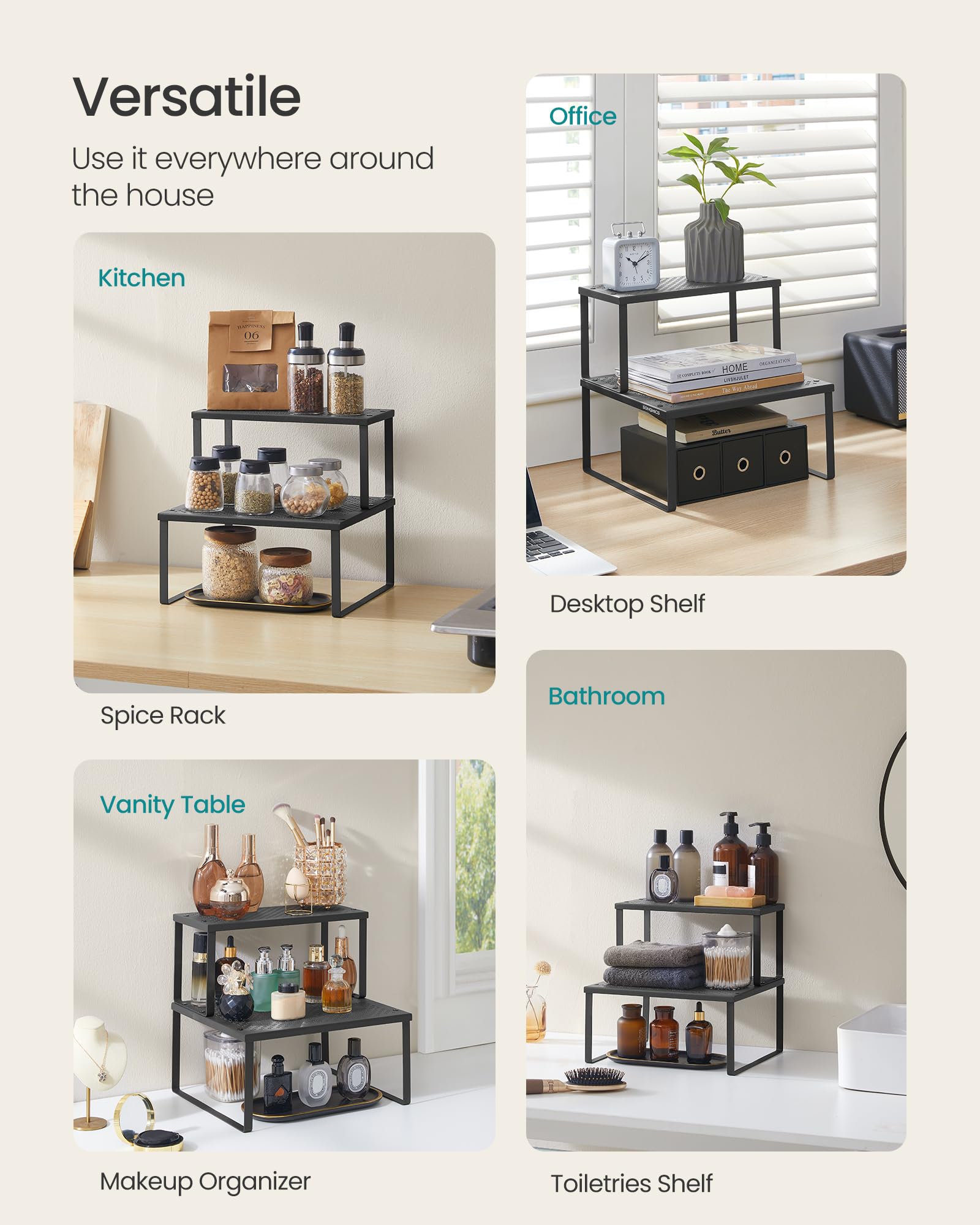 Songmics spice racks ink black finish, sleek countertop display option.