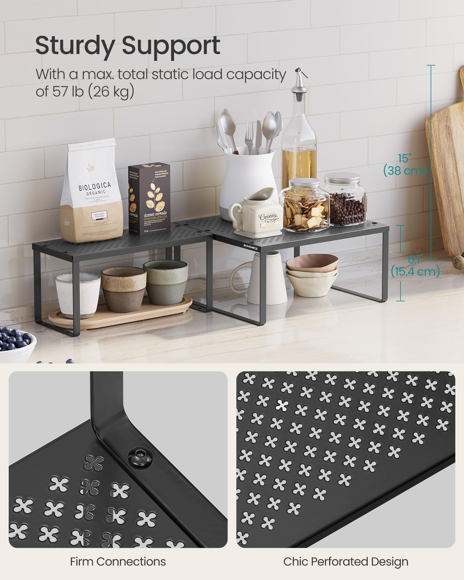 Songmics spice racks stackable configuration, flexible setup for tight spaces.