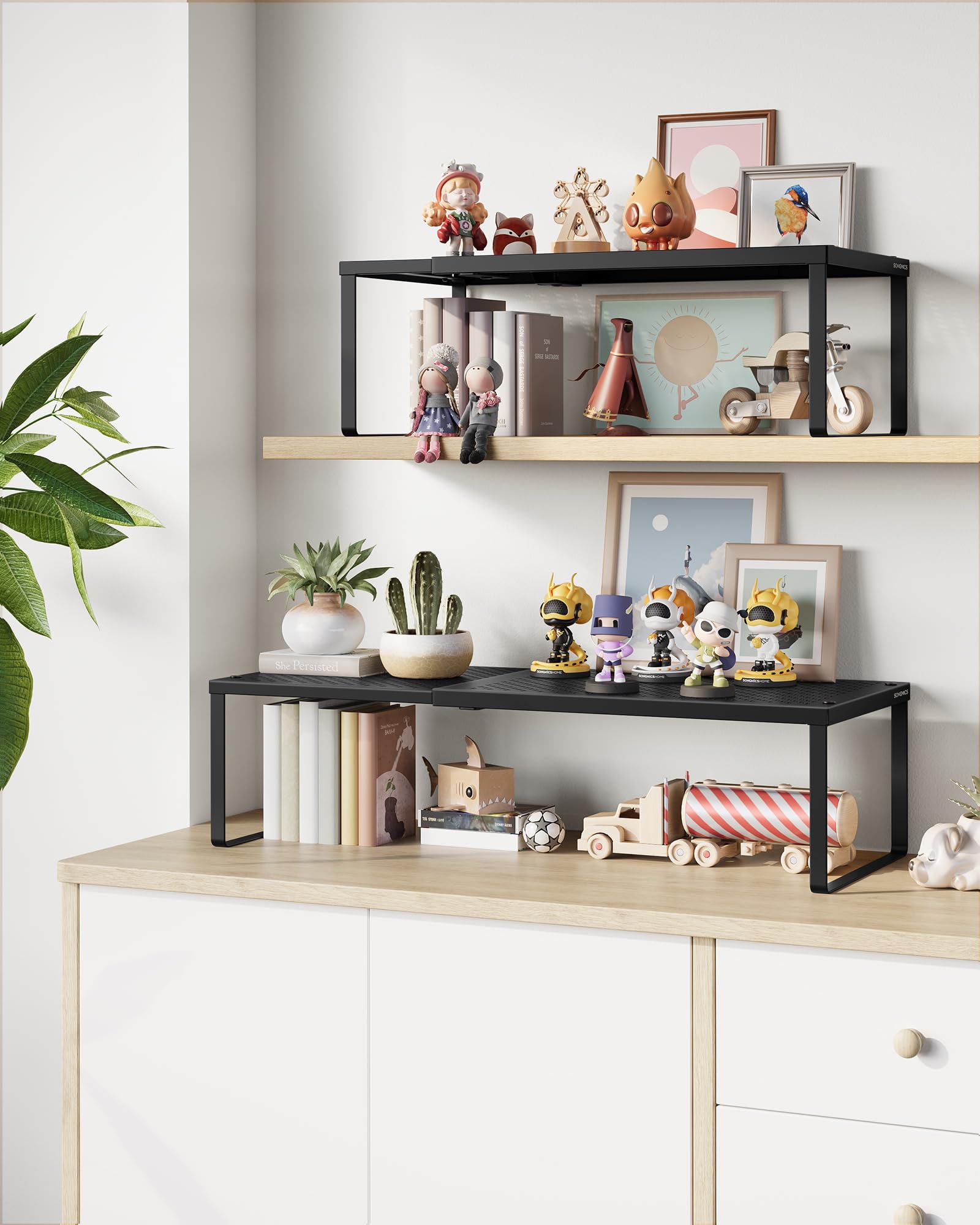 SONGMICS stackable kitchen organizers illustrate compact stacking to maximize cabinet space