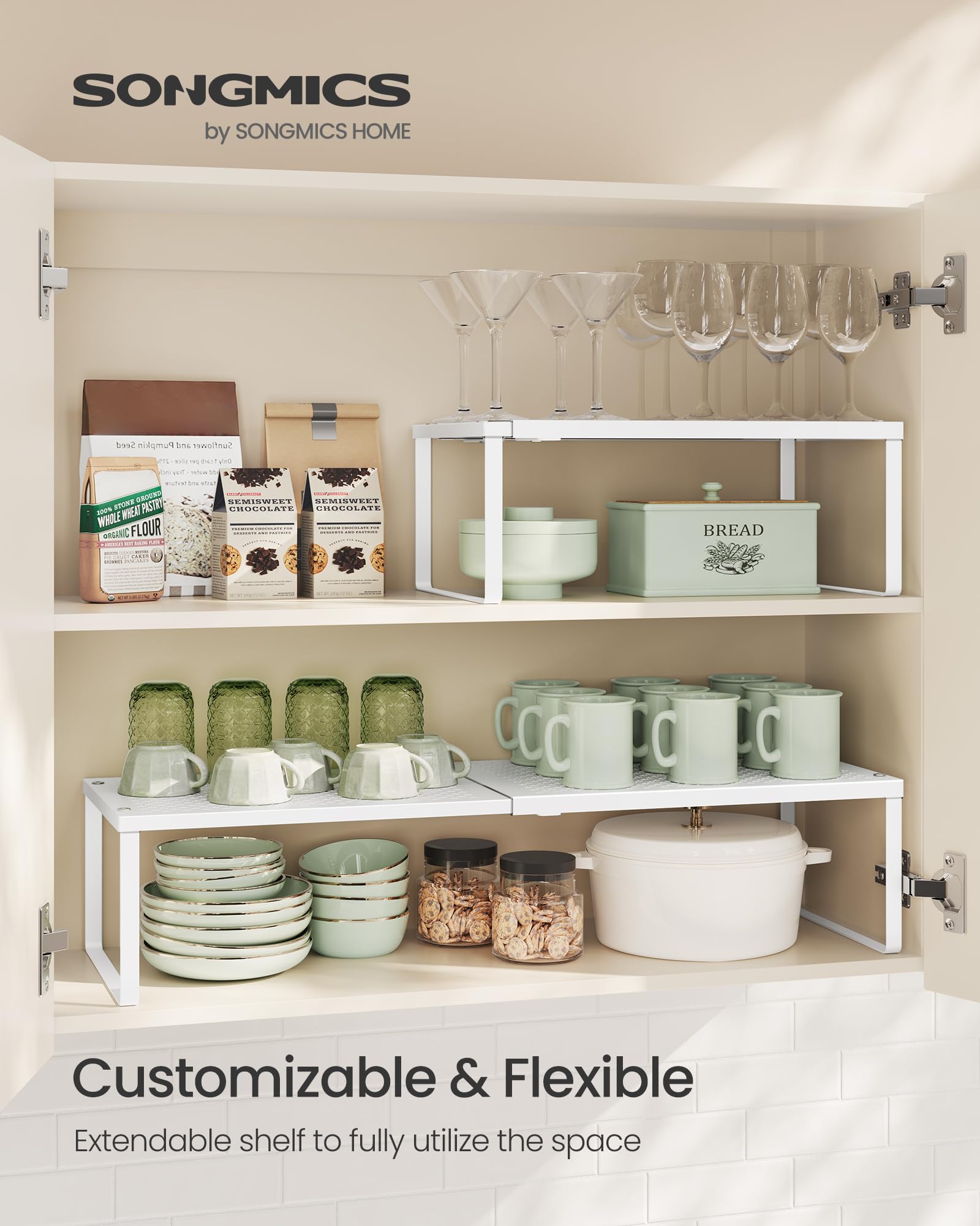 Songmics stackable kitchen shelves maximize vertical storage in small cabinets.