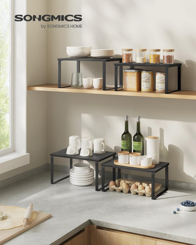 SONGMICS stackable kitchen shelves maximize cabinet space for pots and jars