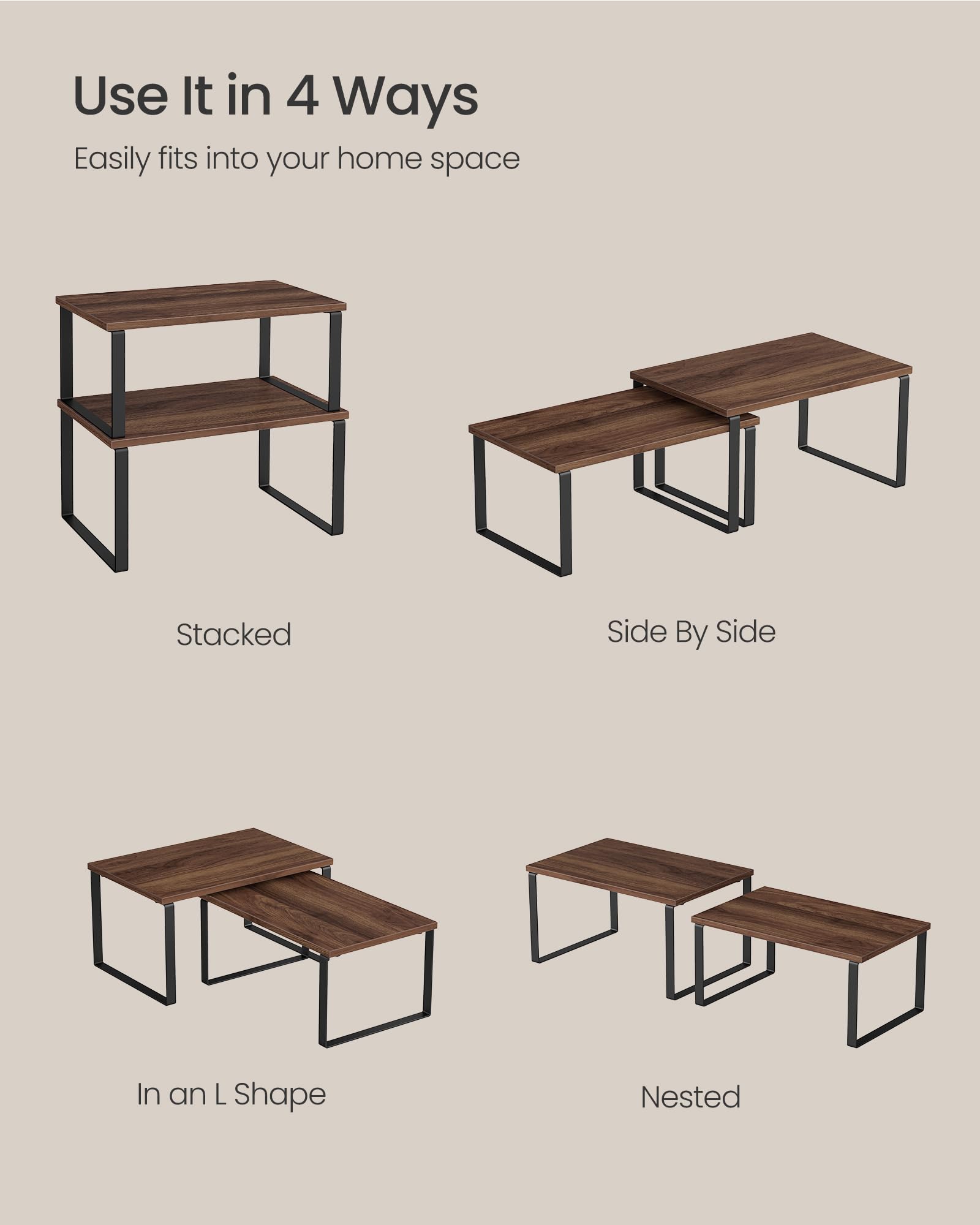SONGMICS stackable shelf set enables L-shape or vertical arrangement for flexible spaces