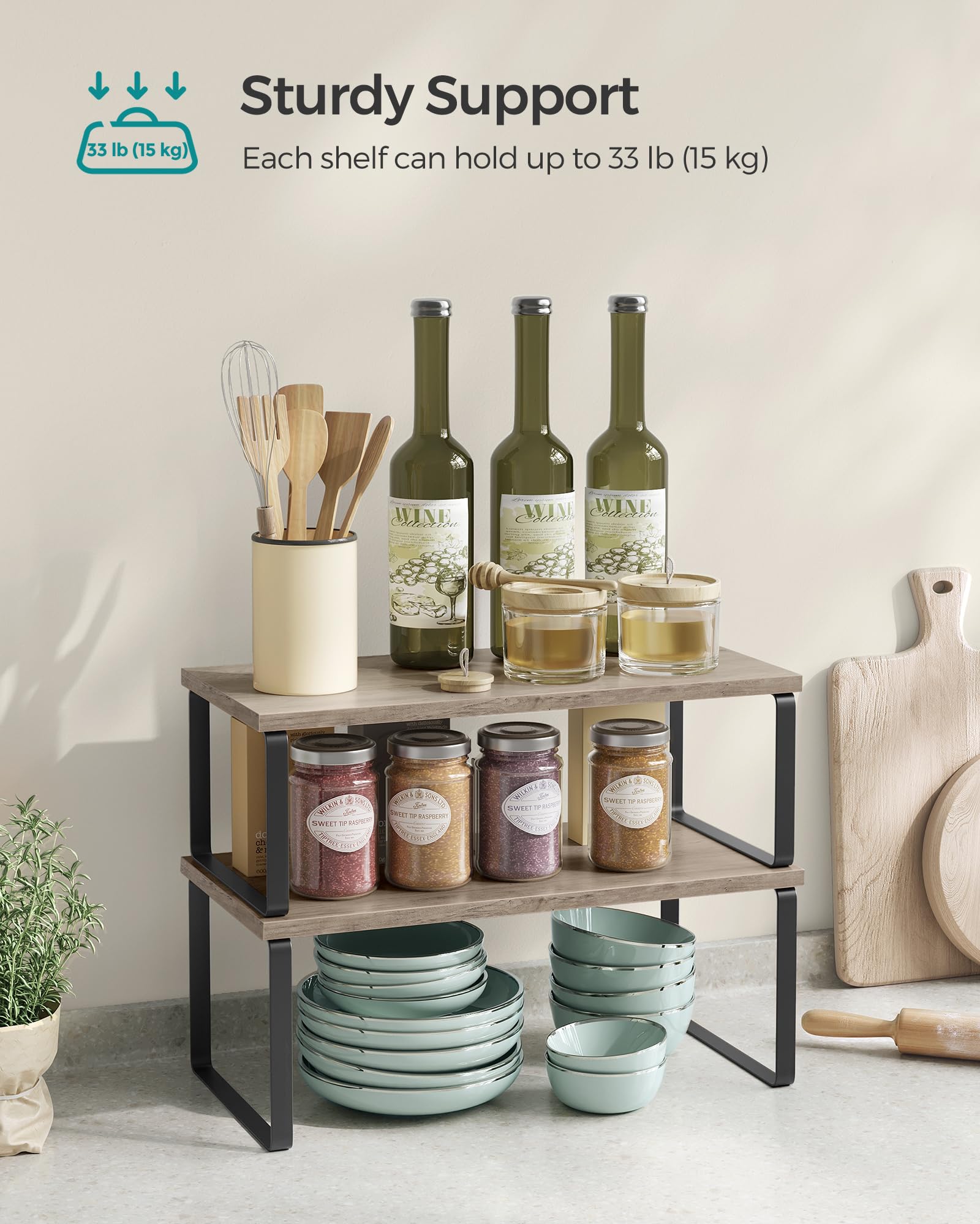 SONGMICS stackable shelf unit in ink black fits small counters.