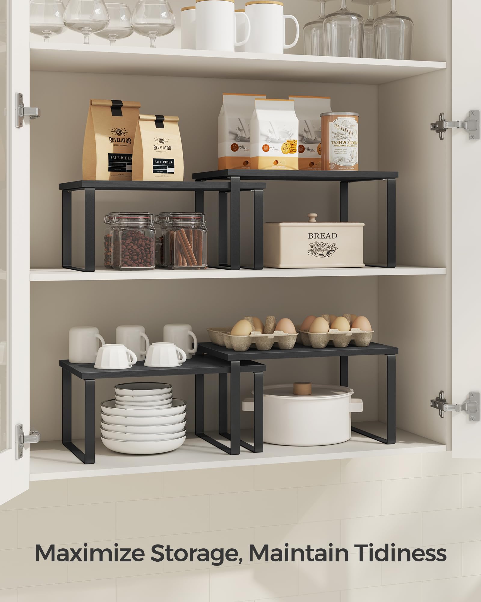 Songmics stackable shelves configuration allowing flexible pantry layout.