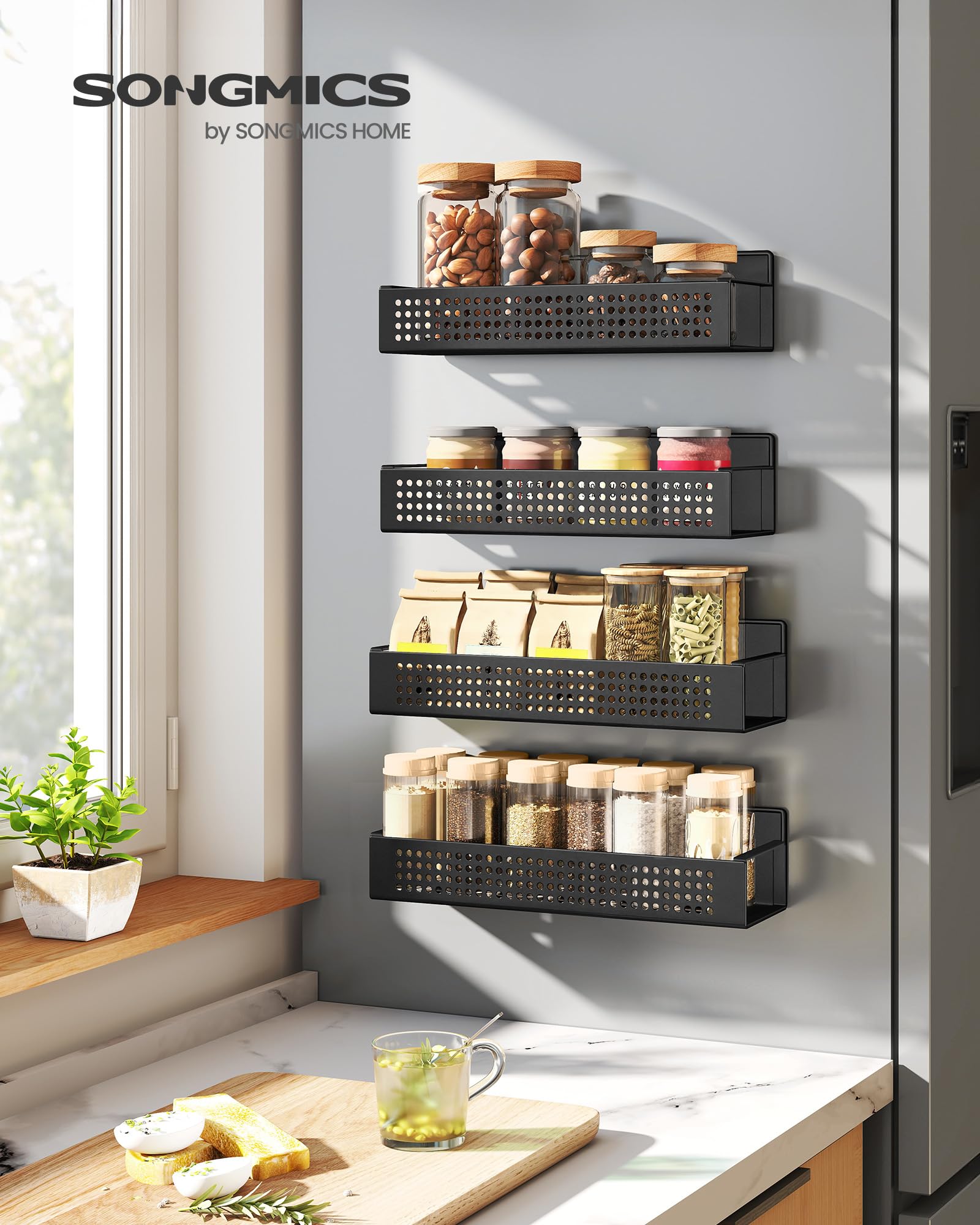 Songmics compact shelf on fridge door for small jars and cans