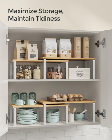 SONGMICS two-shelf countertop storage shown with cans and jars for easy access.