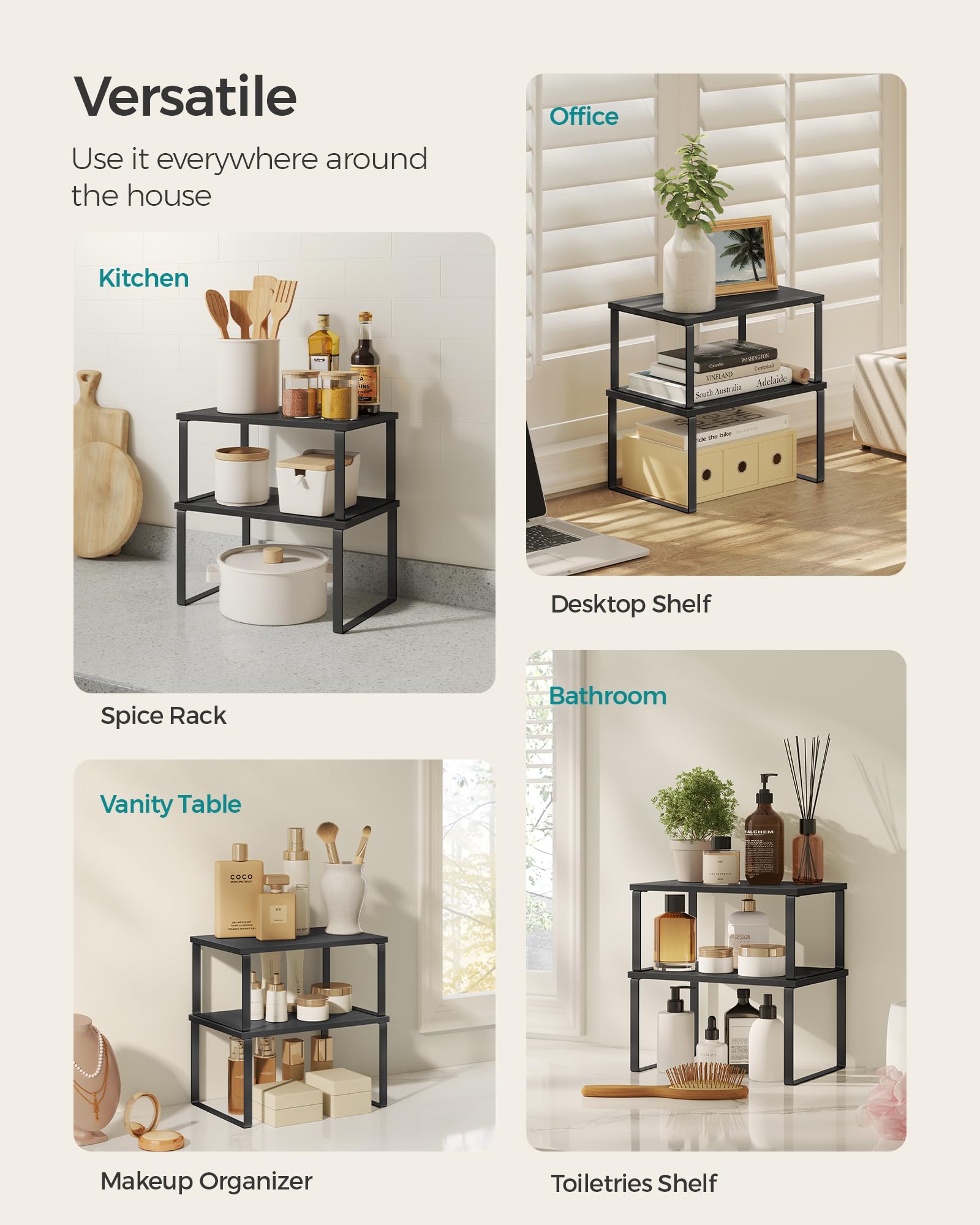 Songmics versatile storage for kitchen, dining, bedroom, and bathroom.