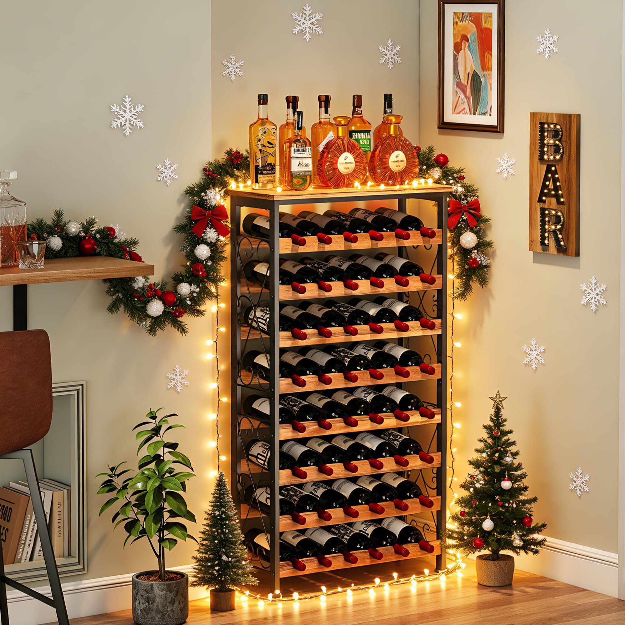 Sonyabecca wine rack wood-top view ready to display bottles and glassware.