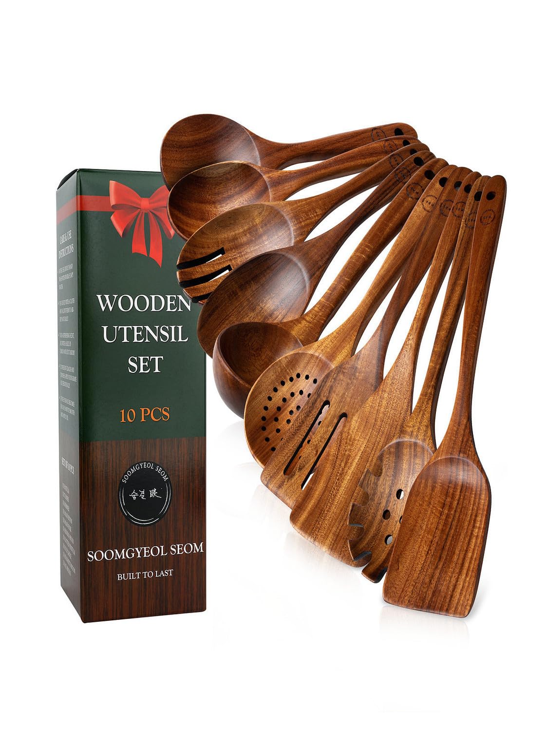 Soomgyeol teak utensil set 10-pc shows natural grain for durable kitchen elegance.