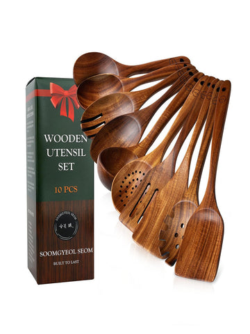 Soomgyeol teak utensil set 10-pc shows natural grain for durable kitchen elegance.