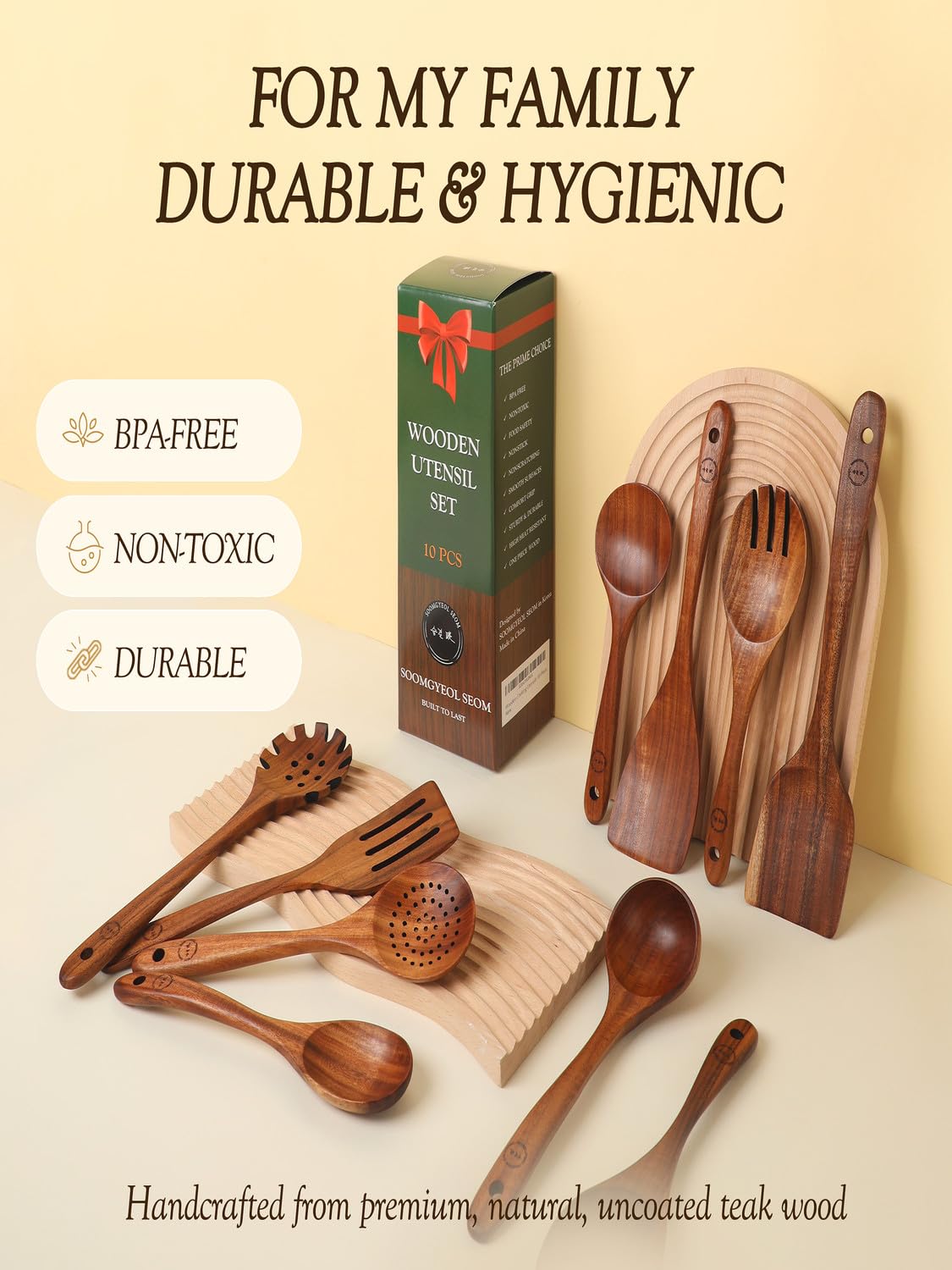 Soomgyeol teak utensils with ergonomic grip for comfortable cooking.