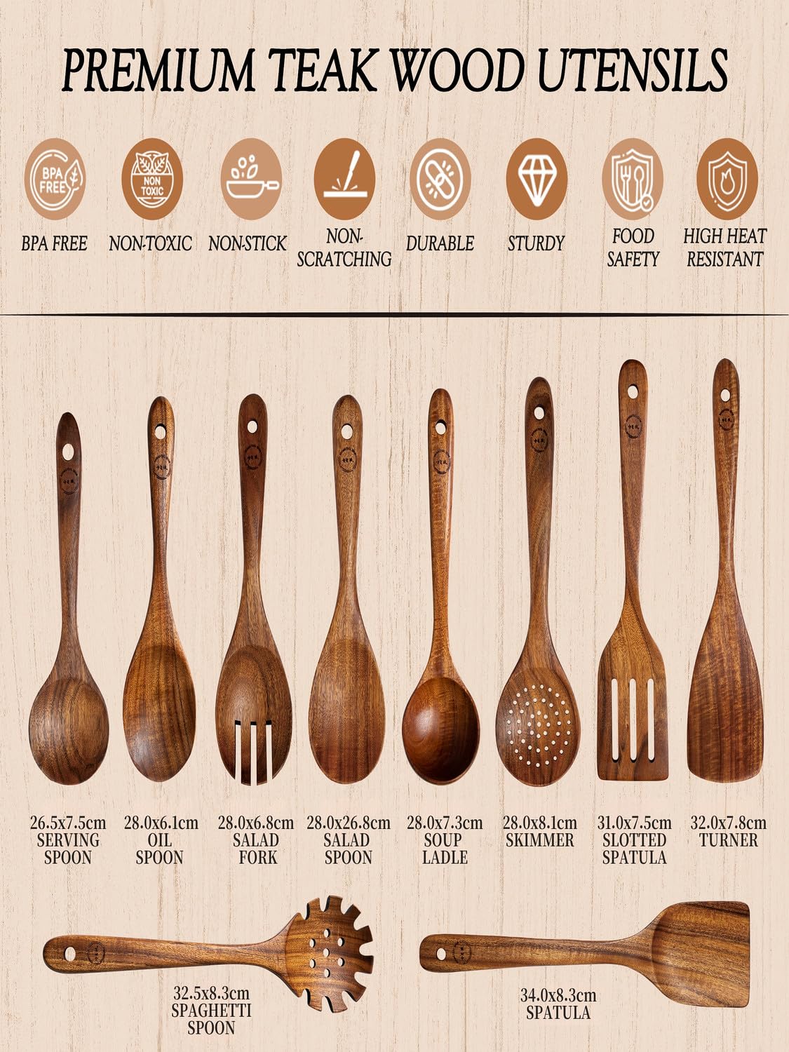 Soomgyeol teak set highlights non-stick friendly finish protects cookware.