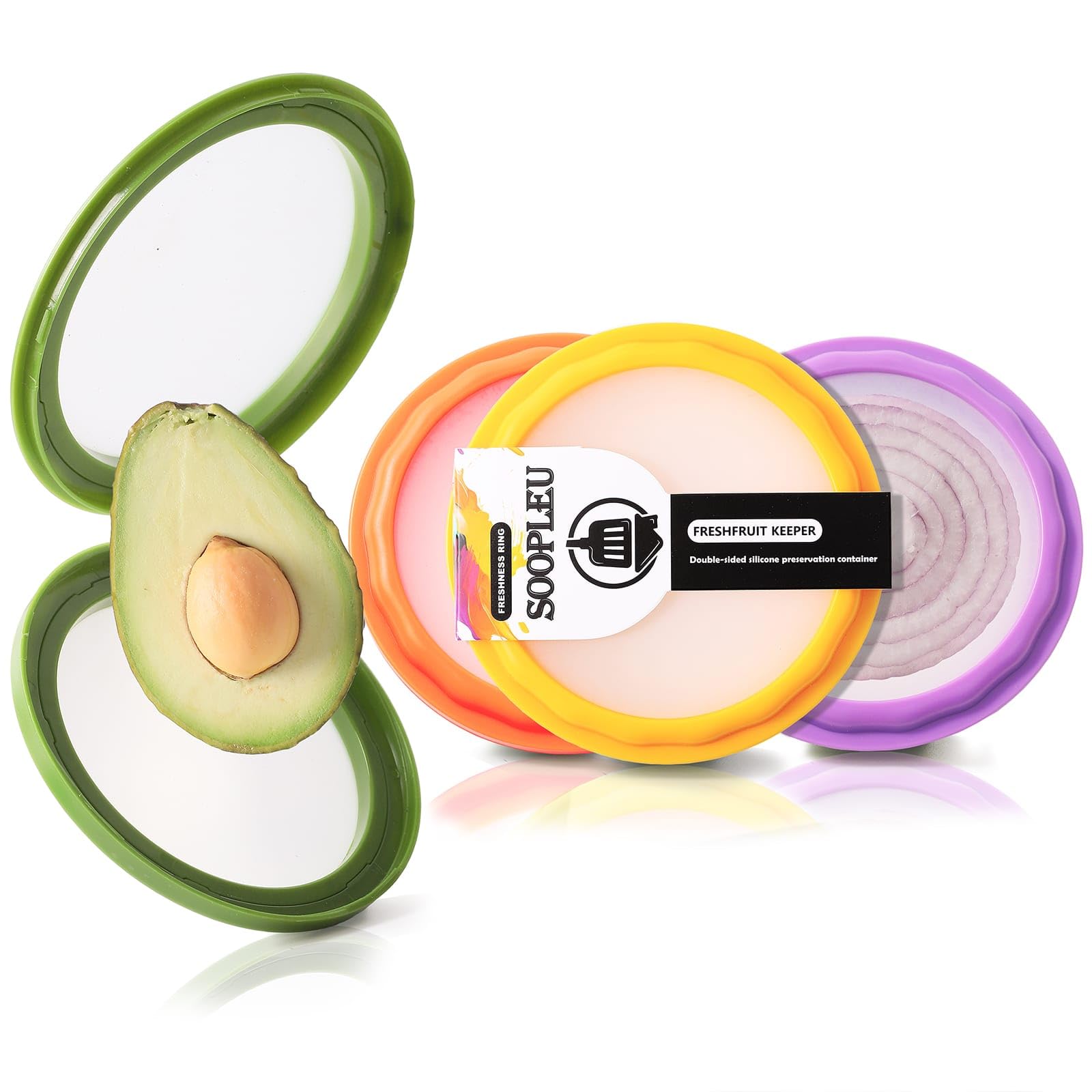 SOOPLEU Avocado Saver 4-Pack with crystal-clear body for quick content checks and freshness.
