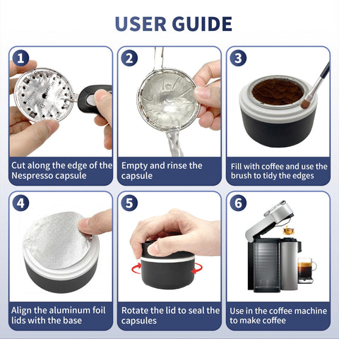 Scoop included for precise coffee filling in reusable pods