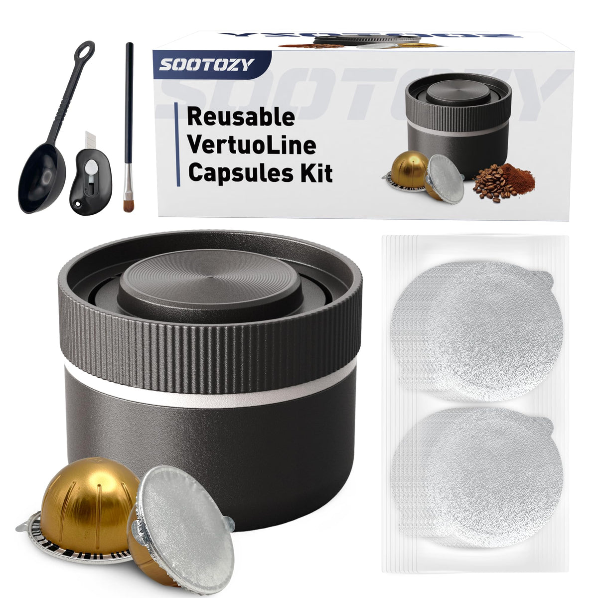 Sootozy reusable pods kit with Vertuo base for easy refilling and sealing