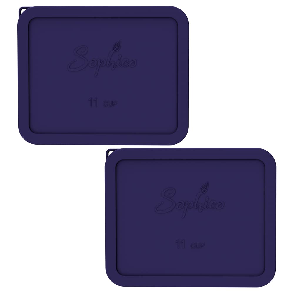 SOPHICO 11-Cup navy rectangle silicone lid, front view, airtight seal for Pyrex 7212-PC leftovers.