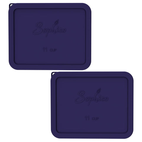 SOPHICO 11-Cup navy rectangle silicone lid, front view, airtight seal for Pyrex 7212-PC leftovers.