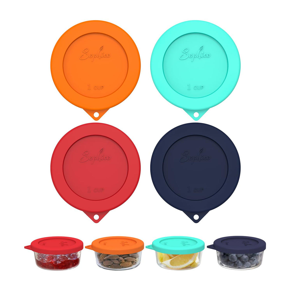 SOPHICO 1 cup round silicone lid on glass bowl showing airtight seal and fit