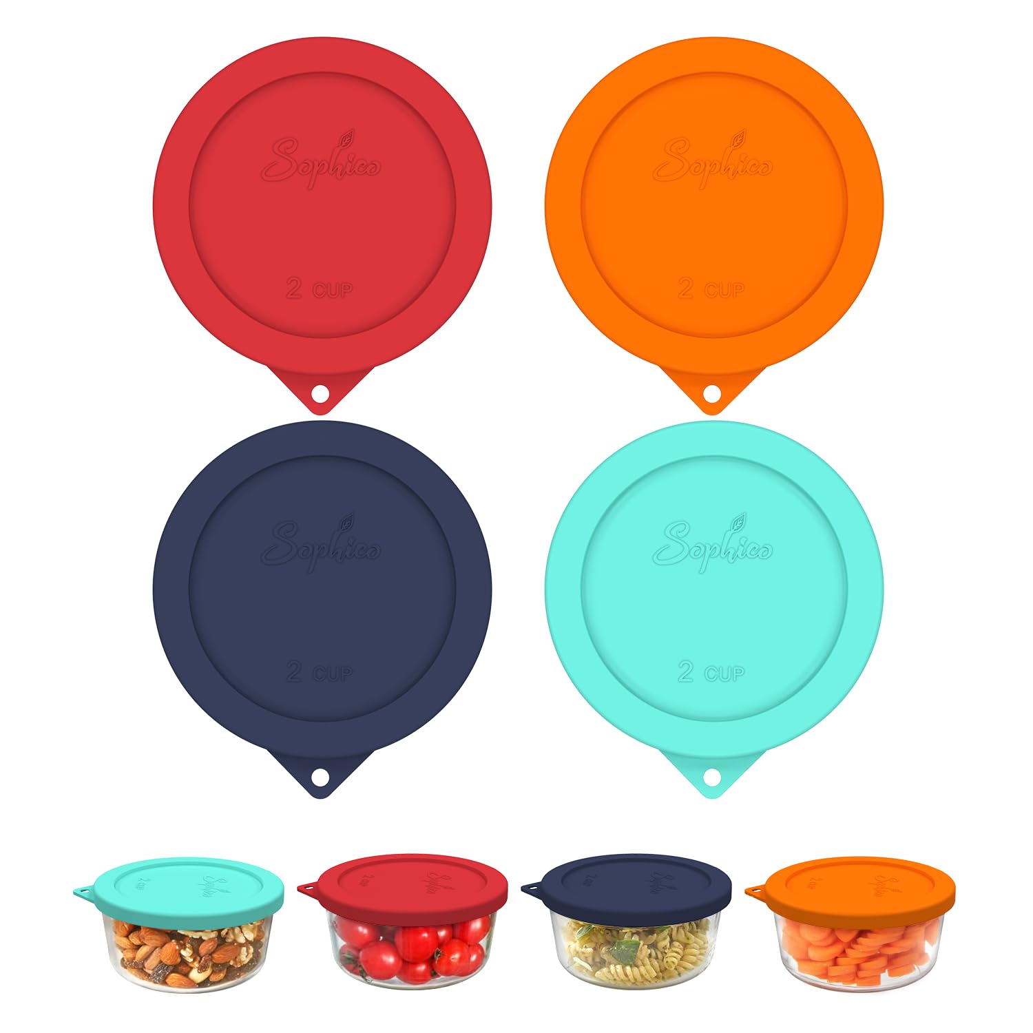 SOPHICO 2 cup round silicone lid on a glass bowl for airtight freshness.