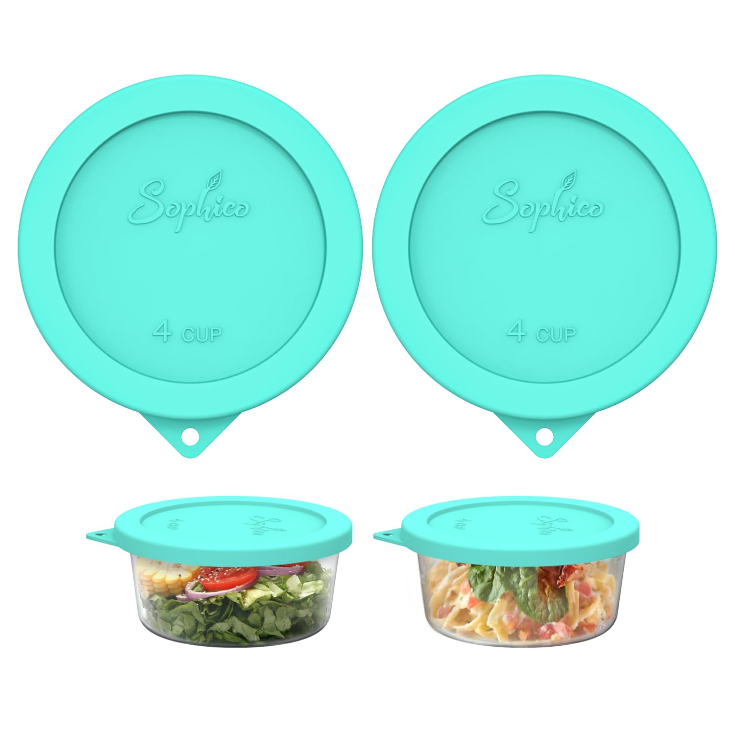 SOPHICO mint 2-pack round silicone lids for 4-cup bowls provide airtight storage.