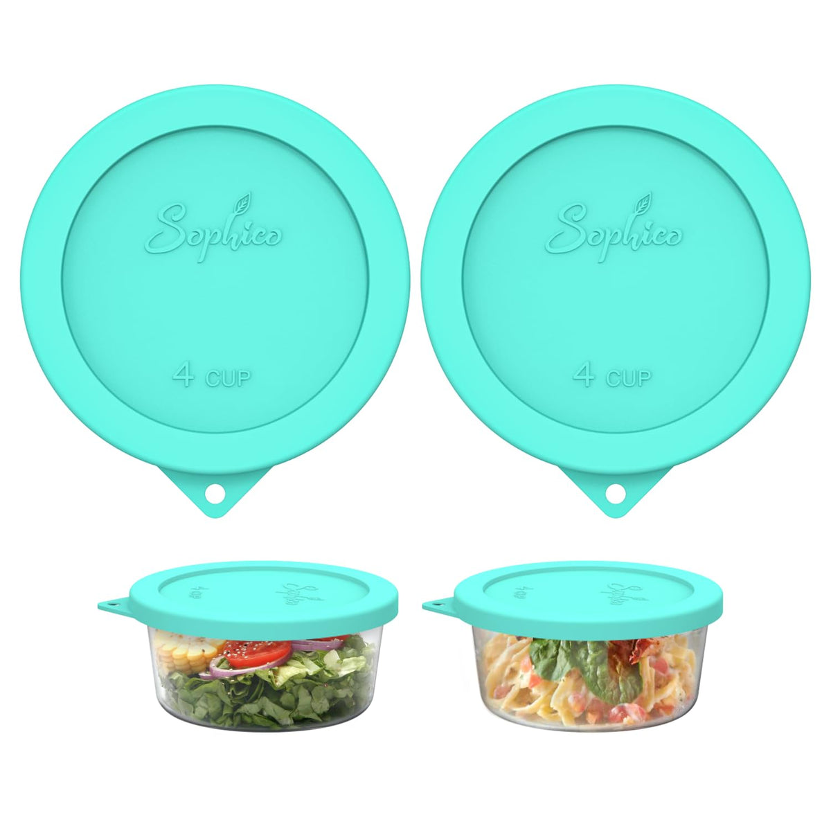 SOPHICO mint 2-pack round silicone lids for 4-cup bowls provide airtight storage.