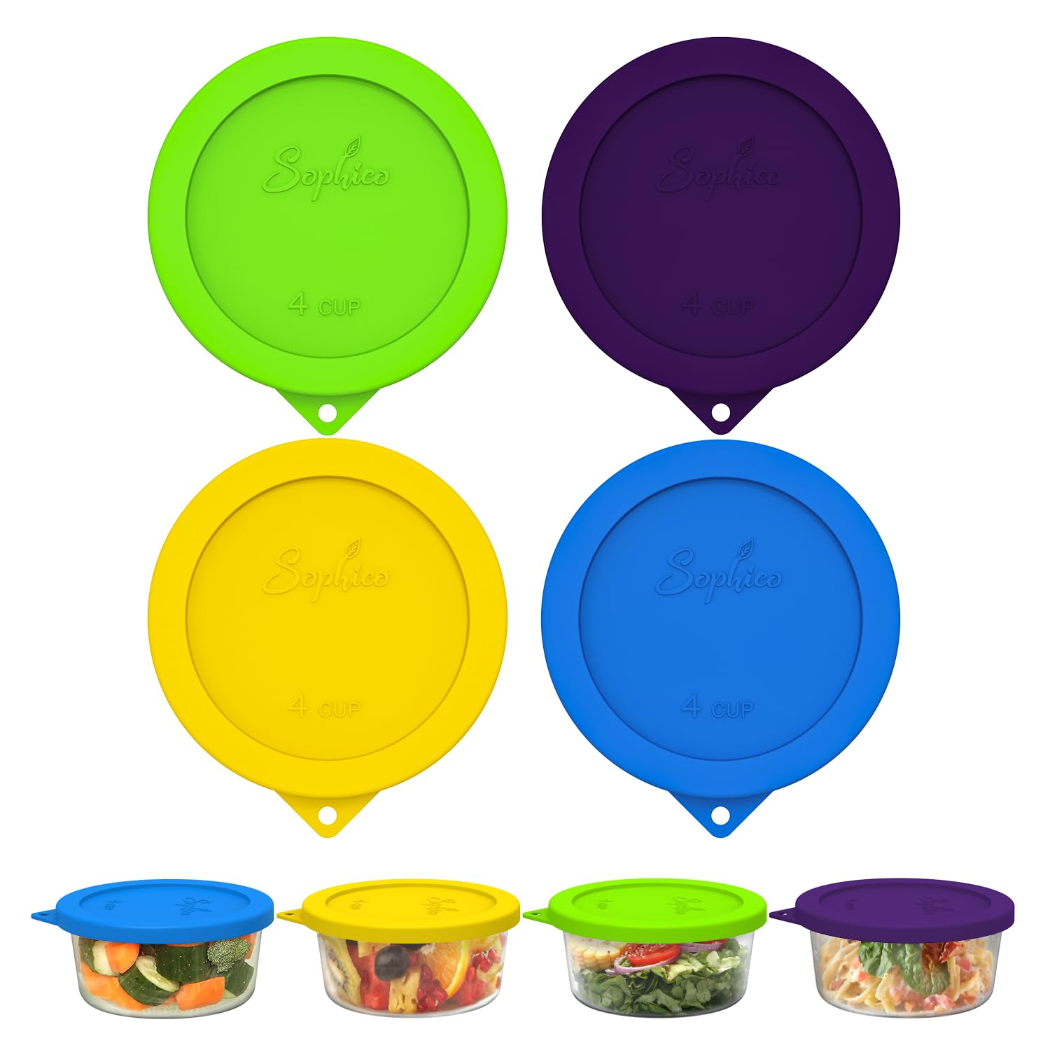 SOPHICO 4 cup round silicone storage lid provides an airtight seal for glass bowls.
