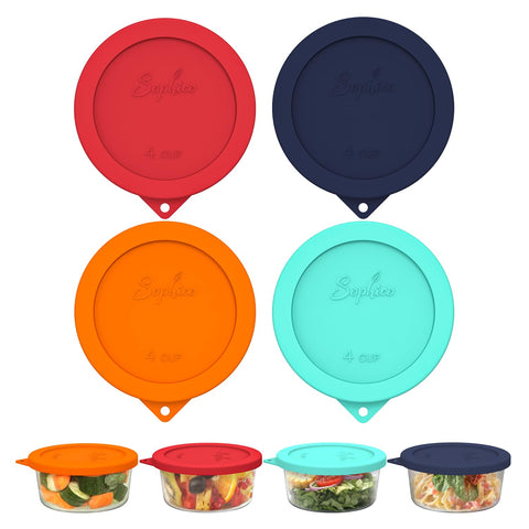 Sophico 4-cup round silicone lid sealing a glass bowl for freshness.