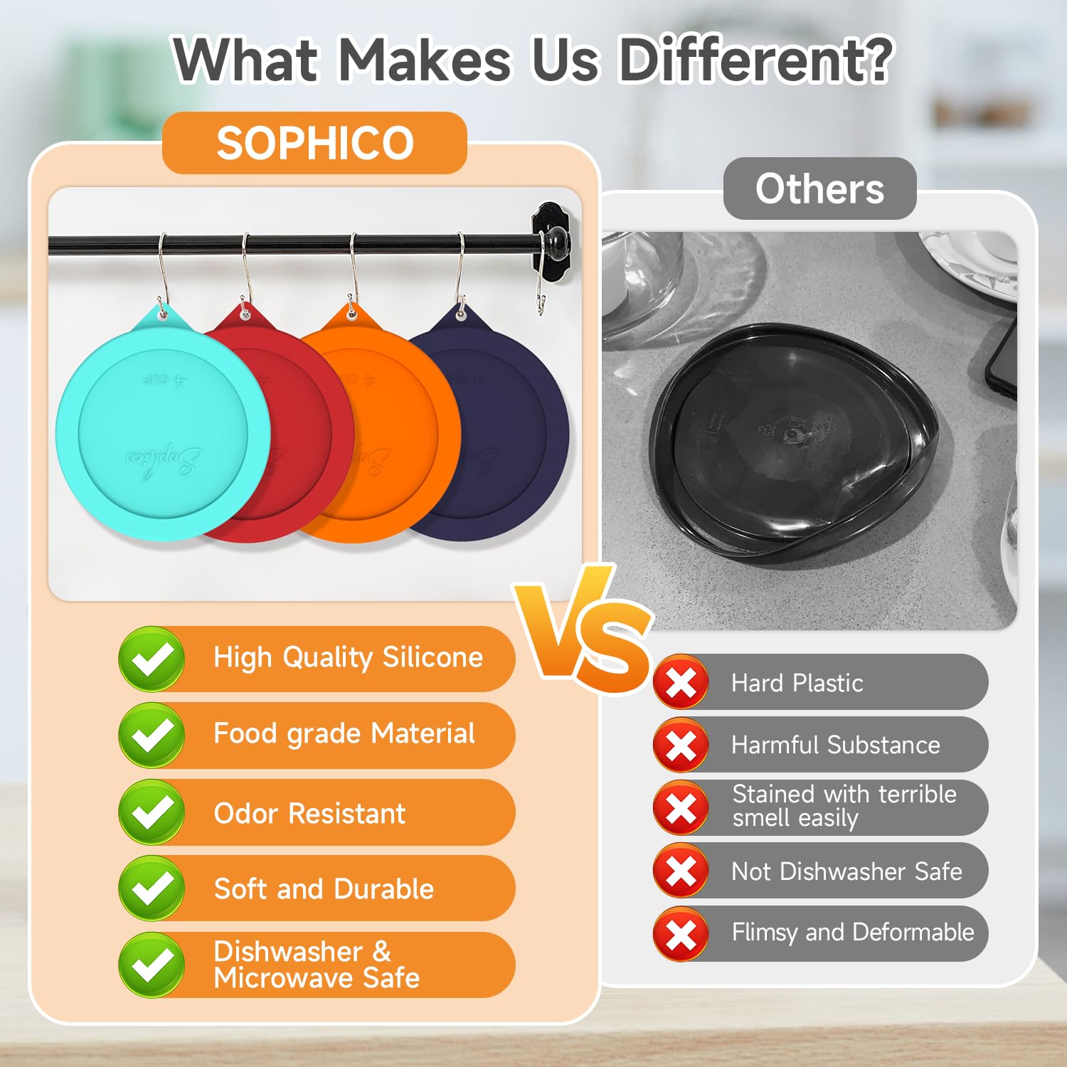 Sophico BPA-free odorless silicone for safe, reusable storage.