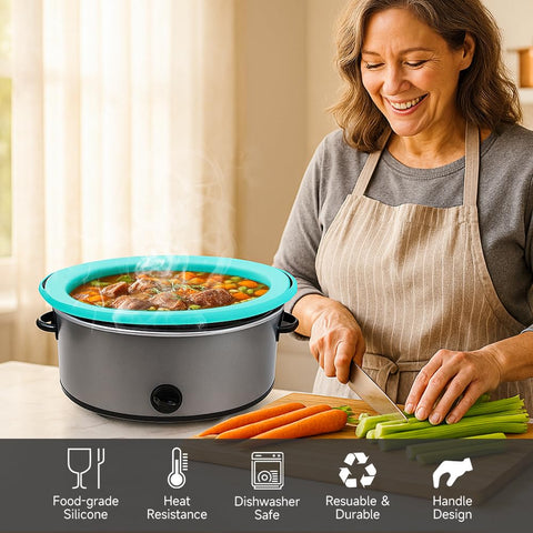 SOPHICO ChefAid silicone liner shown in oval 6-8 qt crock for versatile meals.