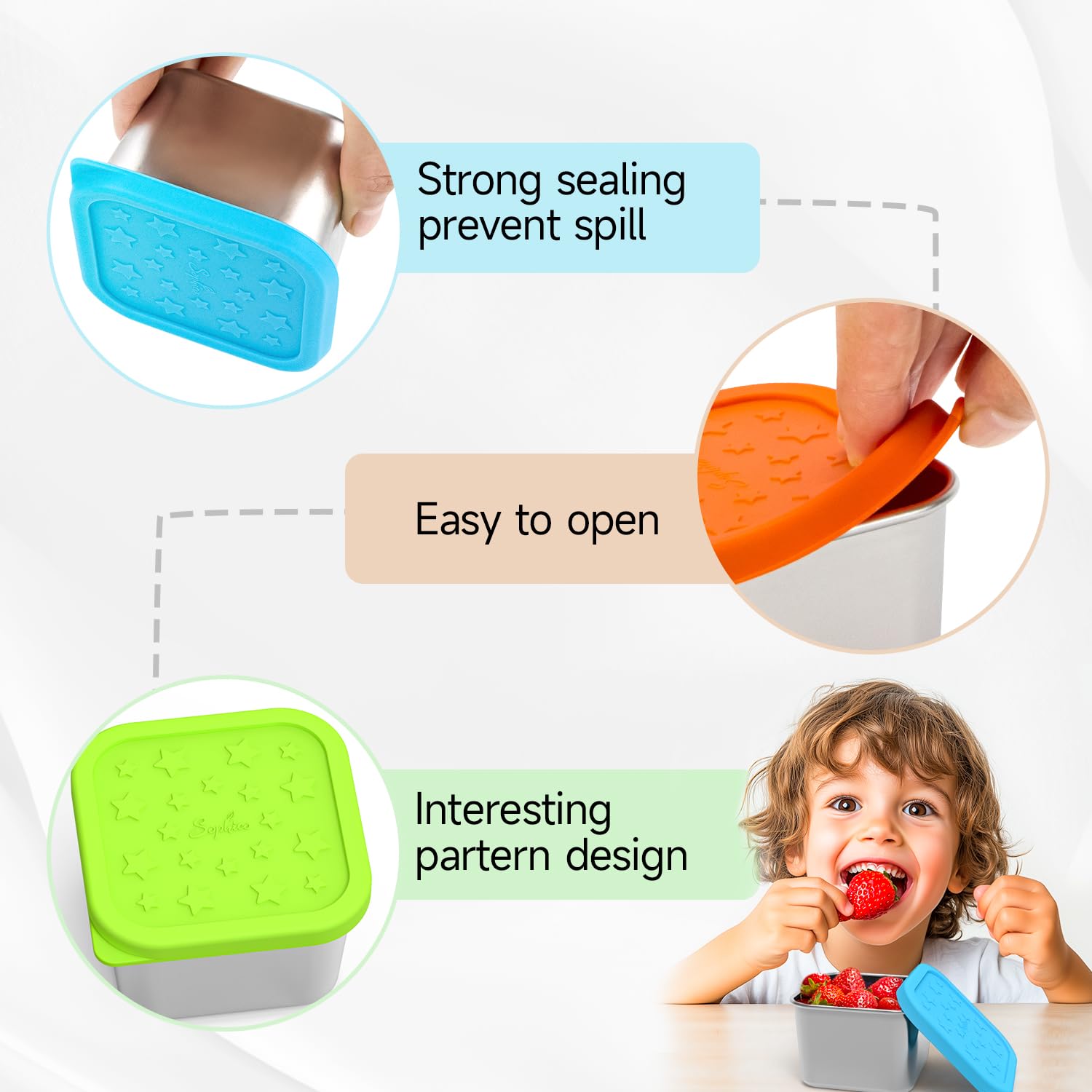 SOPHICO kid-friendly snack container with colorful patterns encourages independent packing.