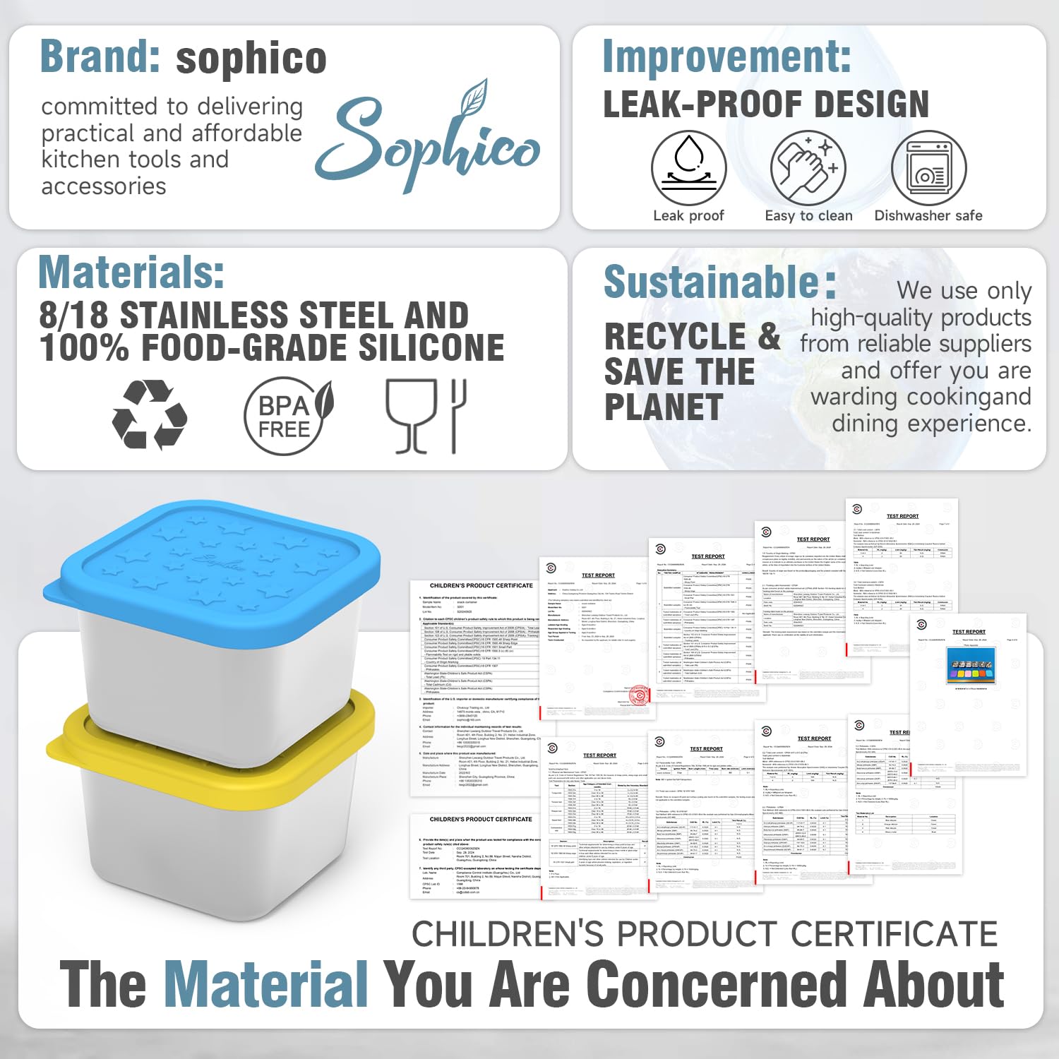 SOPHICO silicone-lid snack container seals snugly for fresh snacks.
