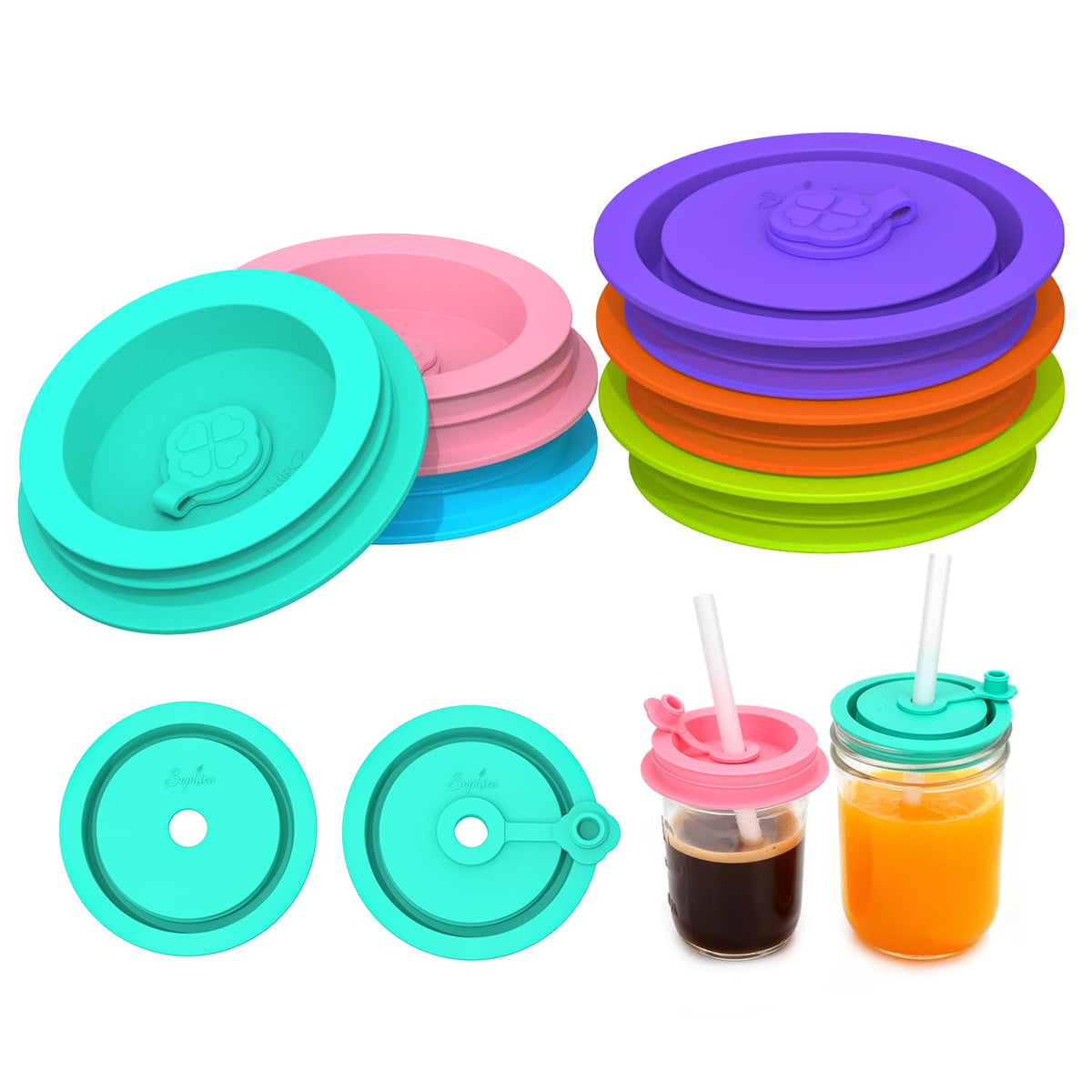 SOPHICO silicone lids with dual-sided design fit mason jars for versatile storage.