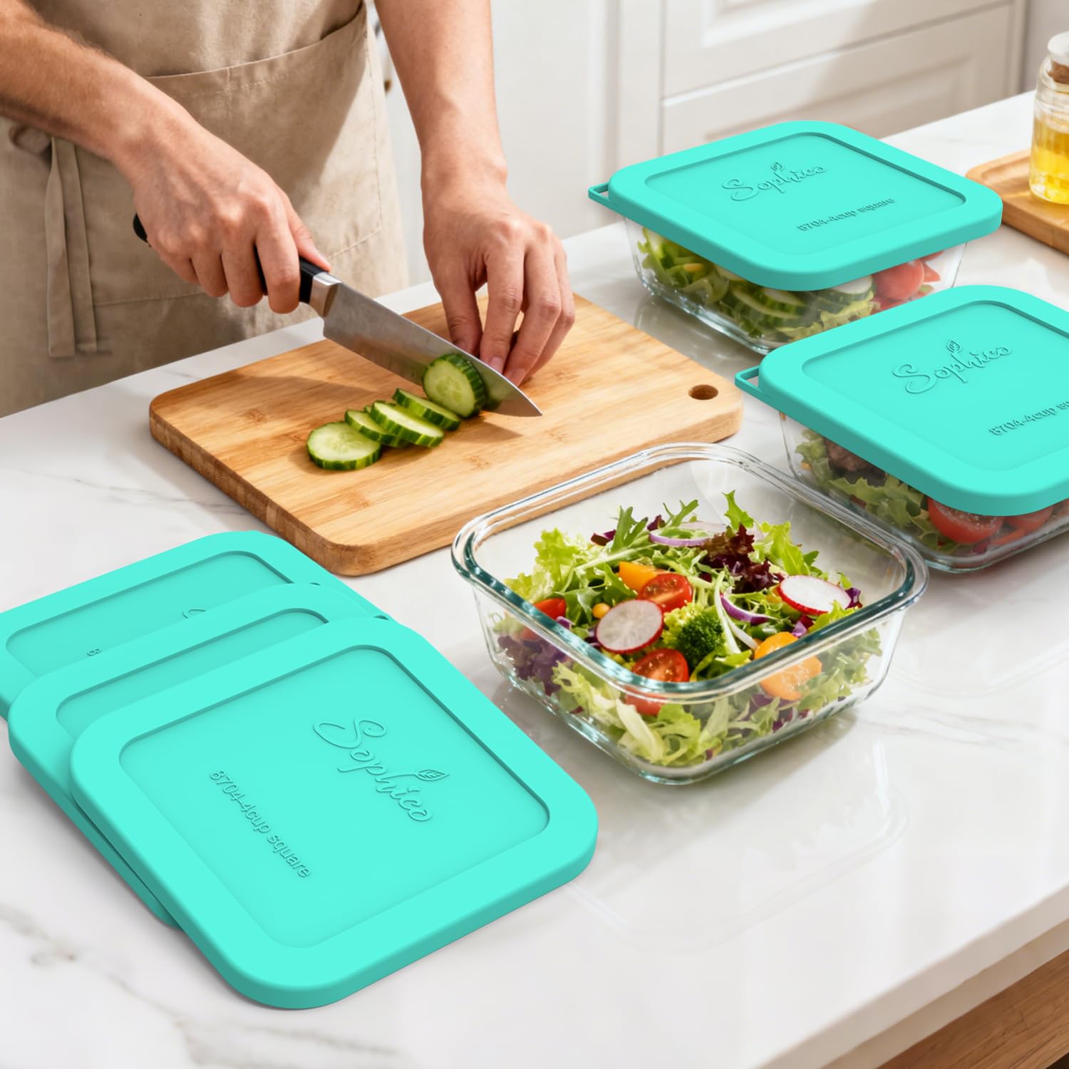 SOPHICO silicone lids fit SNAPWARE 4-cup square bowls for reliable coverage.