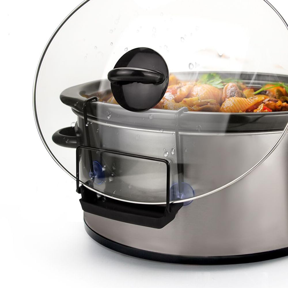 SOPHICO slow cooker lid holder in stainless steel keeps lids stable on the counter.