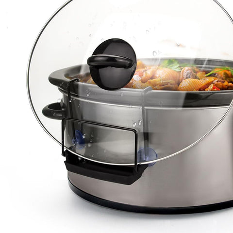 SOPHICO slow cooker lid holder in stainless steel keeps lids stable on the counter.