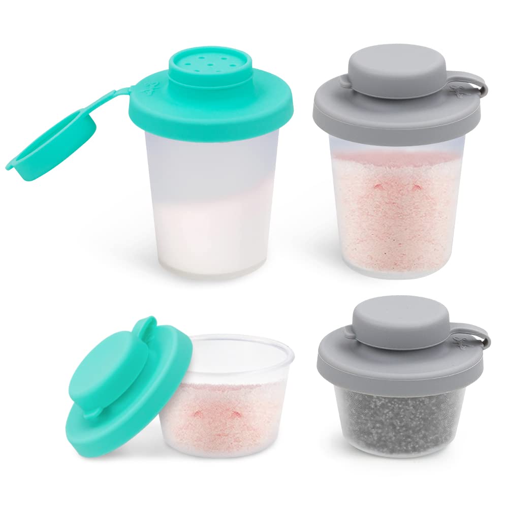 SOPHICO small salt and pepper shakers with mint-grey lids for on-the-go seasoning.