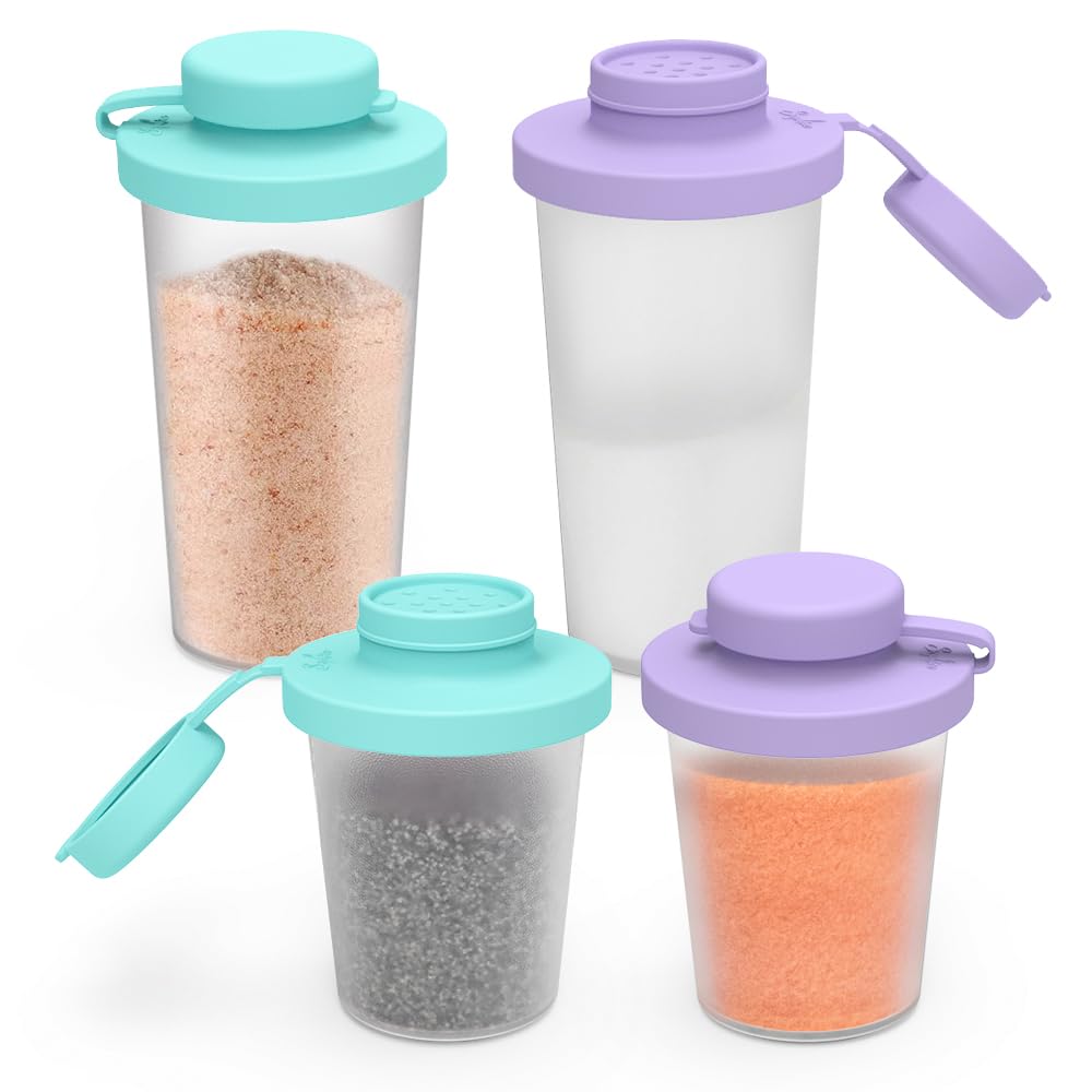 Sophico salt and pepper shakers with silicone lids, moisture protection, close-up view.